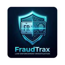 FraudTrax product mark: a shield holding a license plate and a fingerprint, over circuitry.